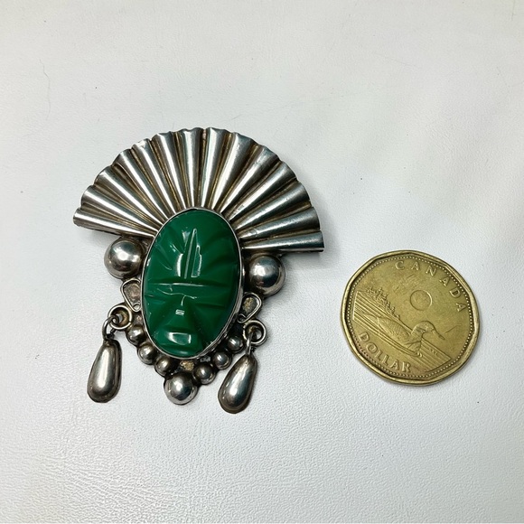 Vtg Mexican Sterling Green Onyx Mayan Warrior Large Brooch Pin - Picture 3 of 7